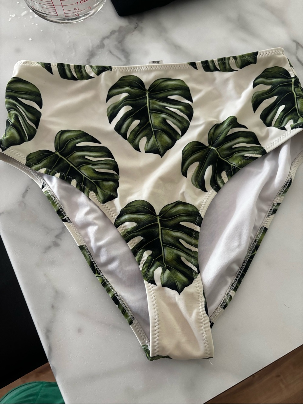 High-Waist Tropical Leaf Bikini Bottom - Green/White cupshe